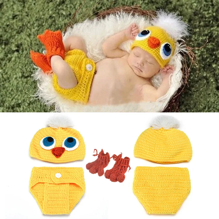 0-3 Months 100 Days Newborn Baby Photography Clothes Handmade Crochet Easter Animal Theme Little Duck Duckling Shape Costume