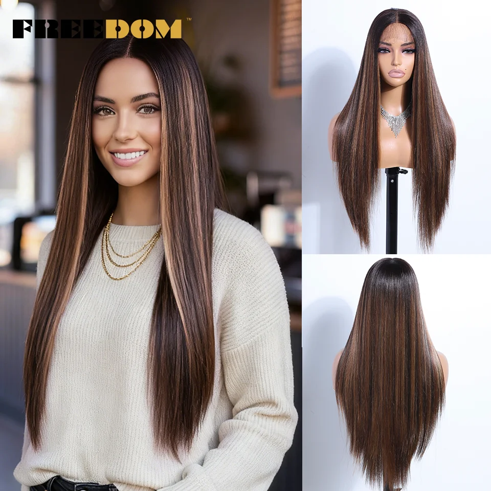 

FREEDOM Synthetic Lace Front Wigs For Women Long Straight 30" 13x7 Free Part Lace Frontal Wig Ombre Brown Blonde Cosplay Wigs