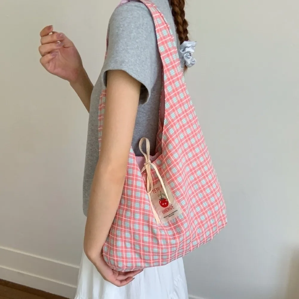 

New Double Sided Women Shoulder Bag Plaid Pattern Cartoon Tomato Underarm Bag Large Capacity Handbag Shopping