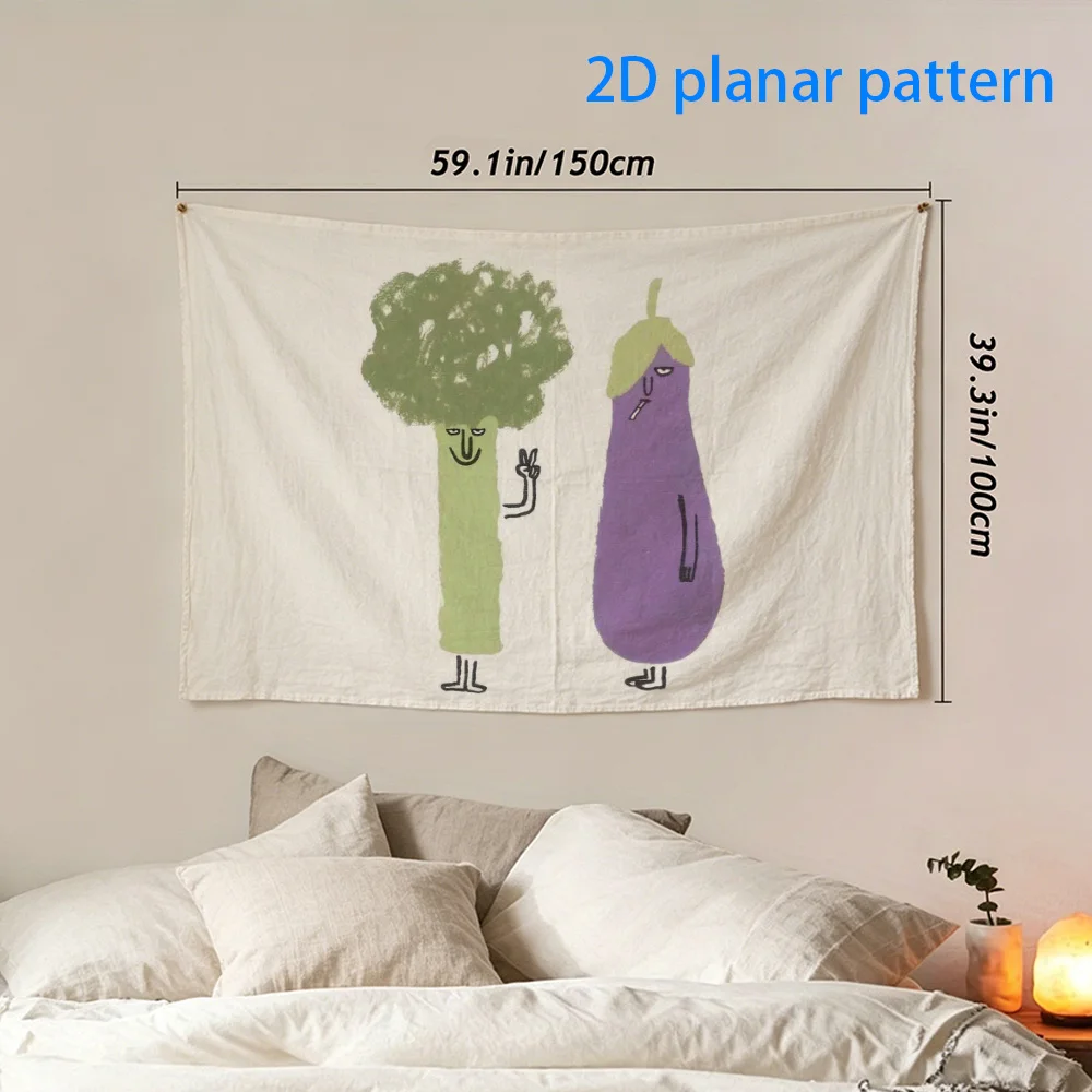 Funny Vegetable Tapestry, Cute Broccoli & Eggplant Wall Hanging, Quirky Kitchen Decor, Green Purple Food Art Cool Dorm Room Gift