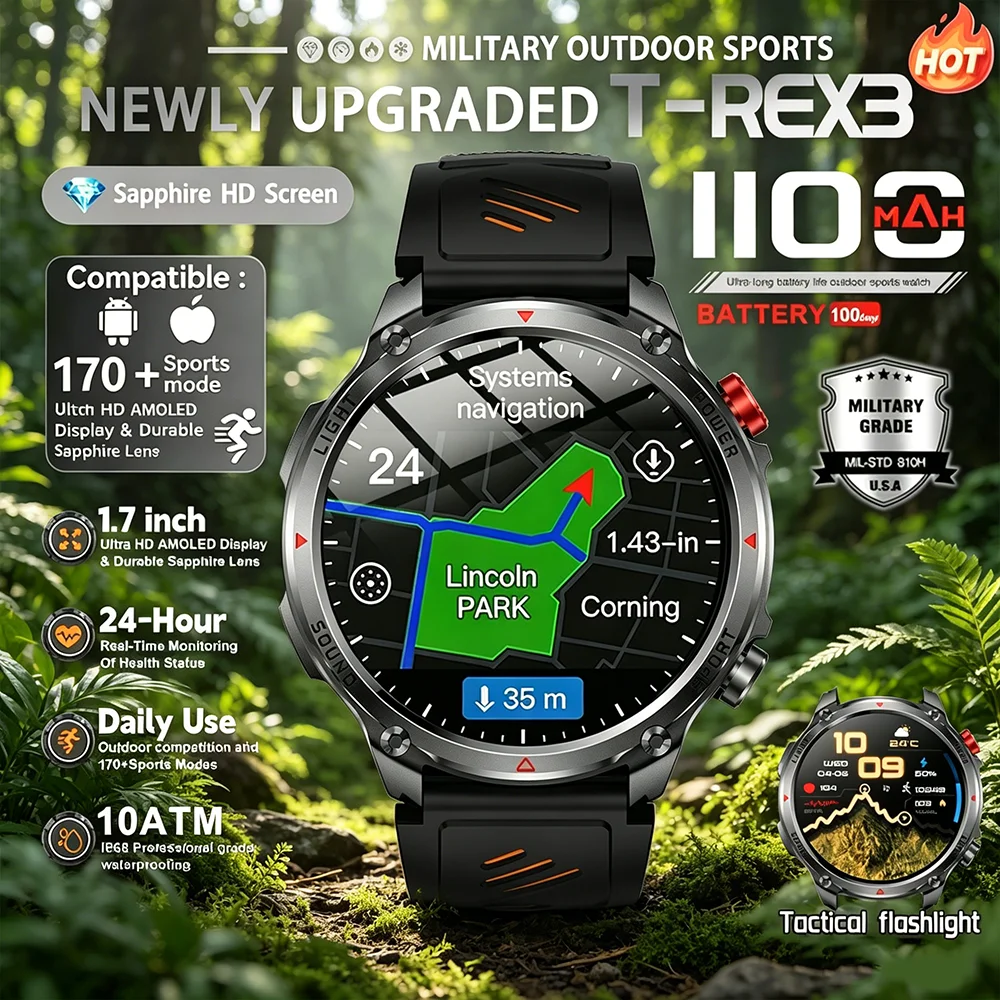 

2026 T-Rex3 Ultra 1100mAh Battery Smart Watch GPS Track Compass IP69K Waterproof Sports tracker Outdoors Military Smartwatches