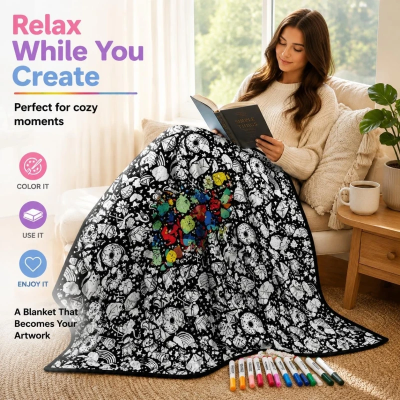 DIY Coloring Blanket with 24 Colors Markers, 125x156cm Washable Cozy Velvet Throw Giant Doodle Colored Blanket for Living Room view 3