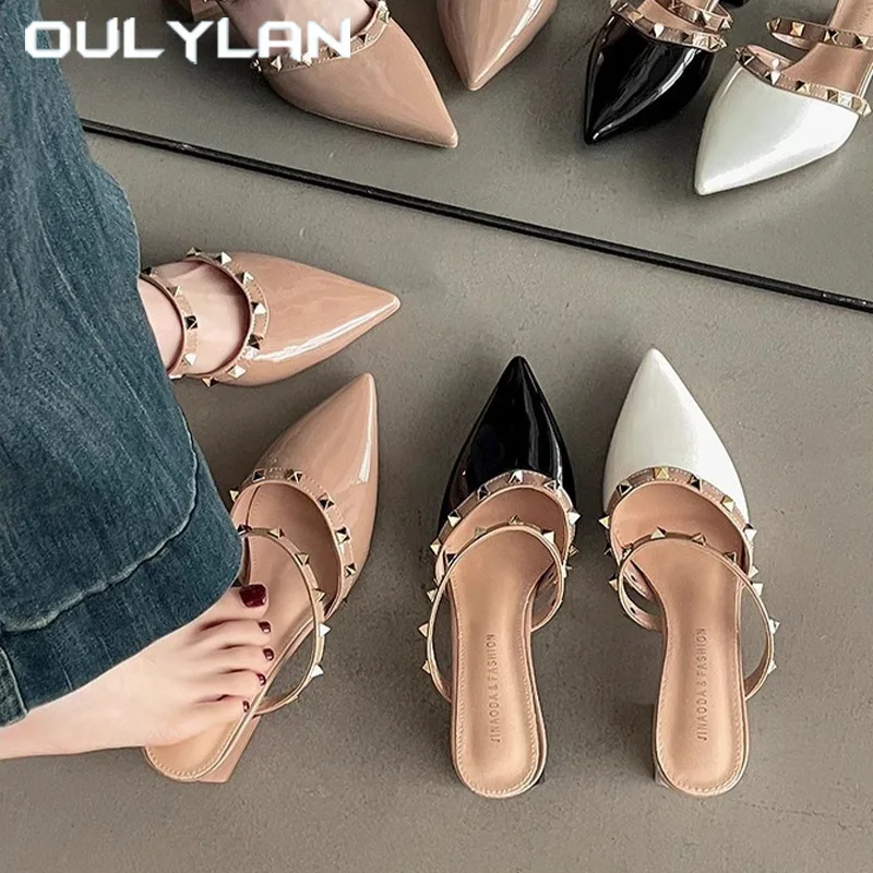 

Oulylan Fashion Rivet Slip-on Women Slippers Summer Pointy Toe High Heels Shoes Elegant Patent Leather Hollow Female Sandals