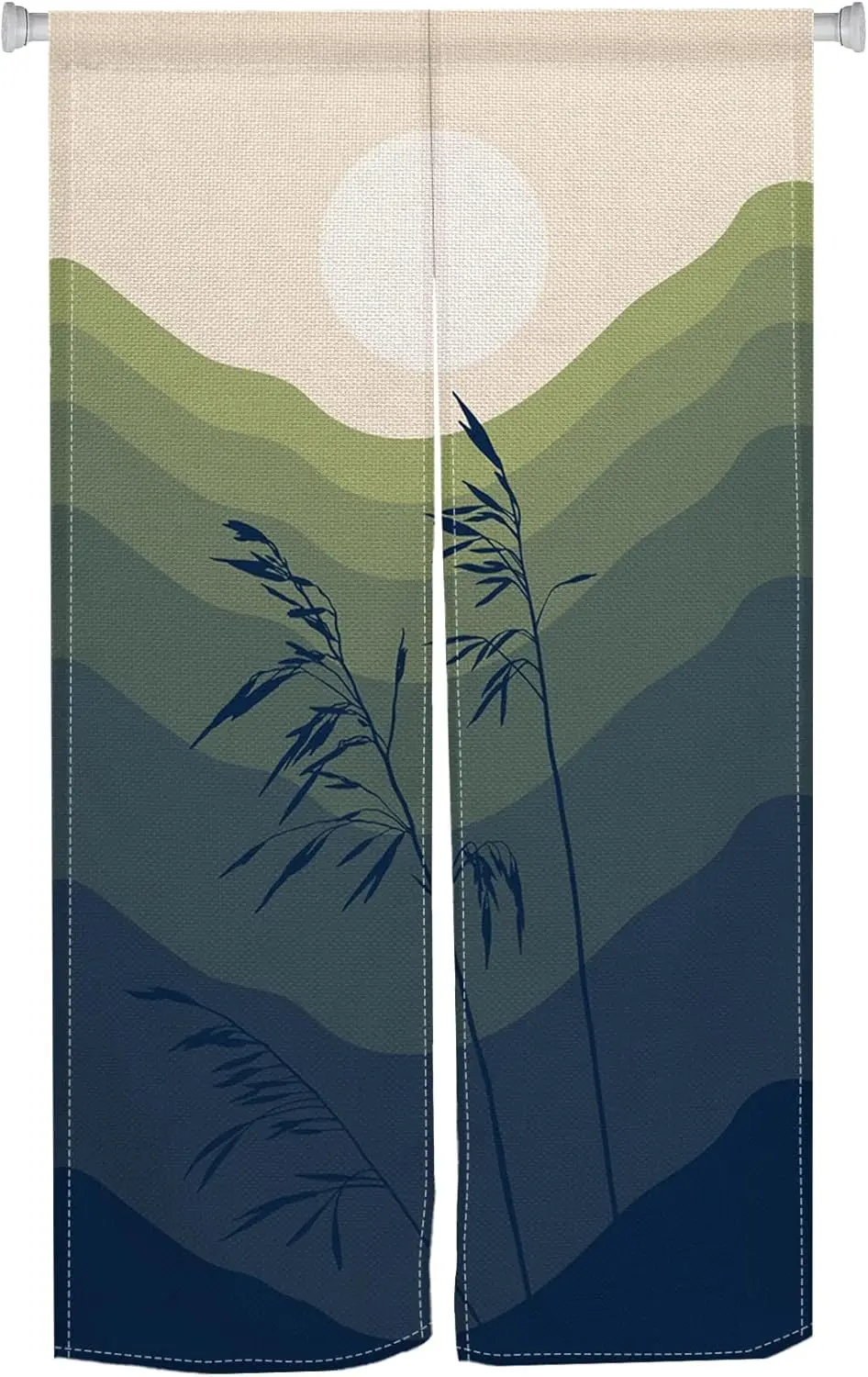 Bohemian Mountain Noren Curtain, Gradient Green Mountain & Full Moon with Grass Silhouette Print, Door Curtain for Home Entrance
