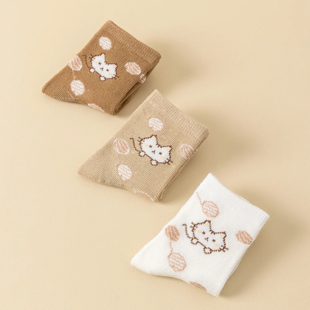 3/6Pairs Baby Socks Toddler Soft Comfortable Breathable All-Season Cartoon Cat Pattern Kids Footwear