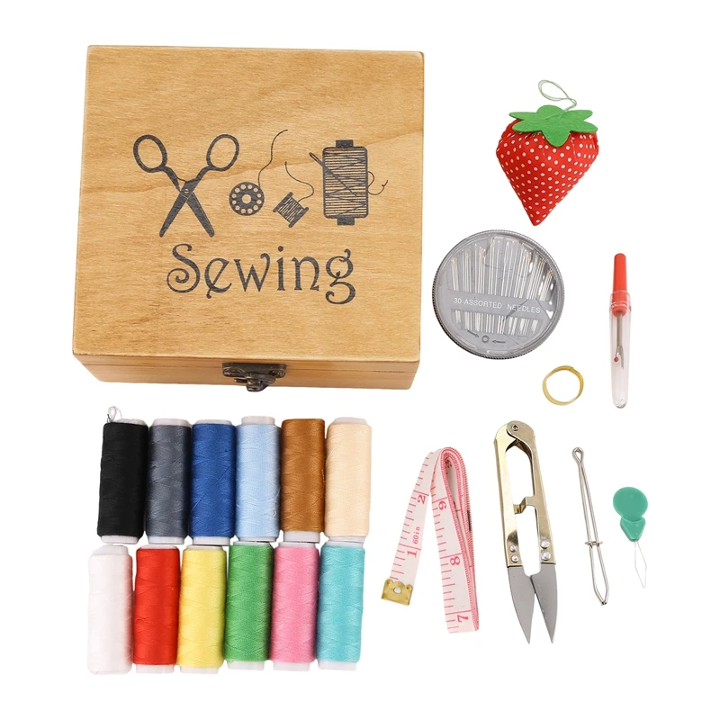 Kit de costura de roupas caixa de costura de madeira acessórios de costura kit caixa de trabalho para remendar