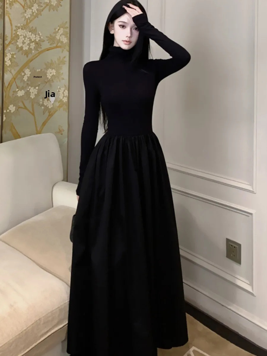 

Длинное вязаное платье в стиле ретро Hepburn Sle с высоким воротником, облегающее длинное трикотажное платье, женское осенне-зимнее платье с затягивающим талией, базовый слой для похудения Dr