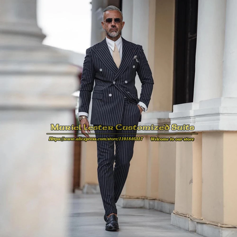 

Formal Business Suits Men Black/White Stripe Double Breasted Blazer Sets Slim Fit Groom Wedding Tuxedo Tailored Made 2 Pieces