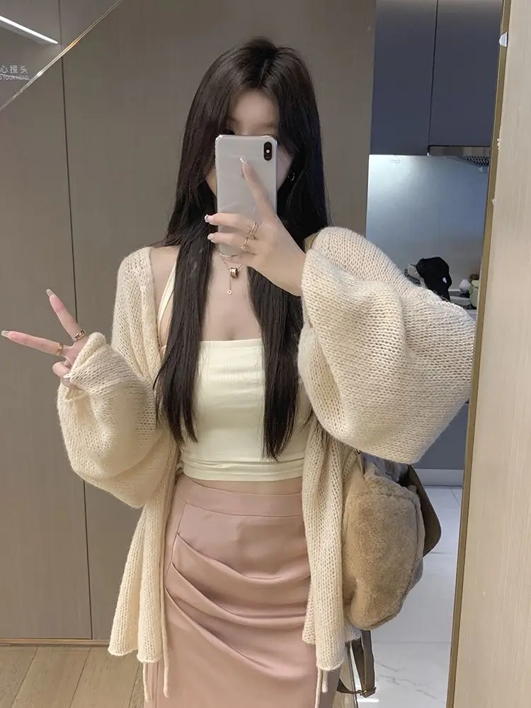 Elegant Cardigan Women Casual Long Sleeve Sweet Knitted Sweater Vintage Office Lady Pure Color Thin Coats Top Korean 2023 Autumn