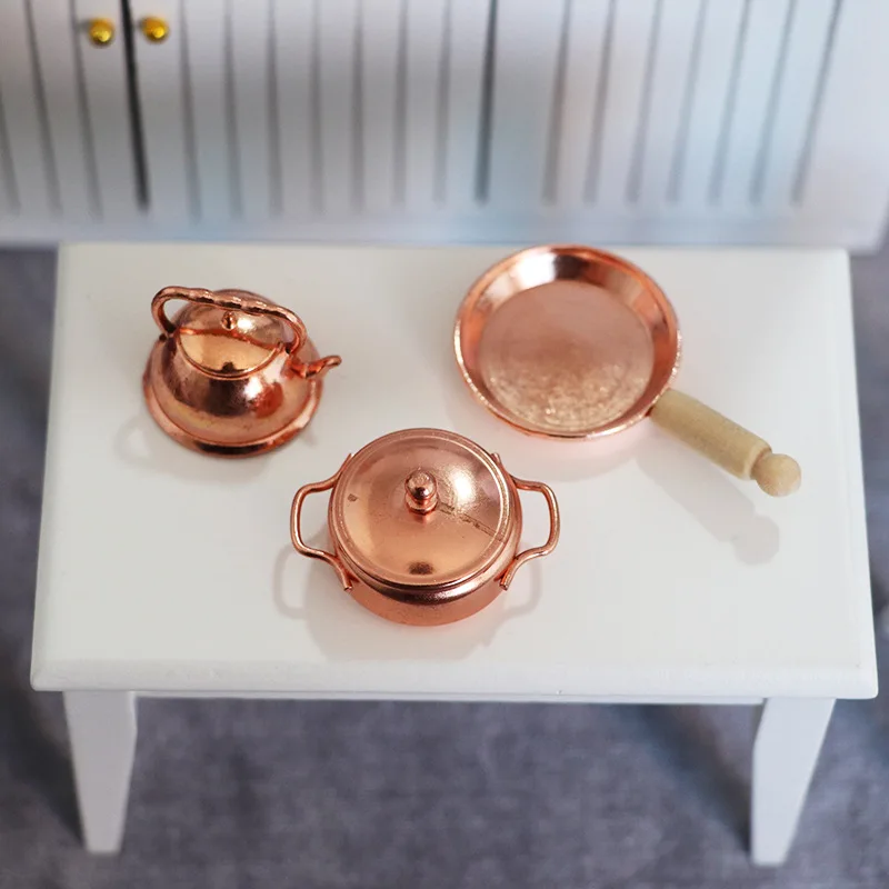 1:12 Scale Dollhouse Miniature Rose Gold Color Frying Pan Cooking Pot Kettle Cookware Kitchen Cooking Kit Dolls Accessories