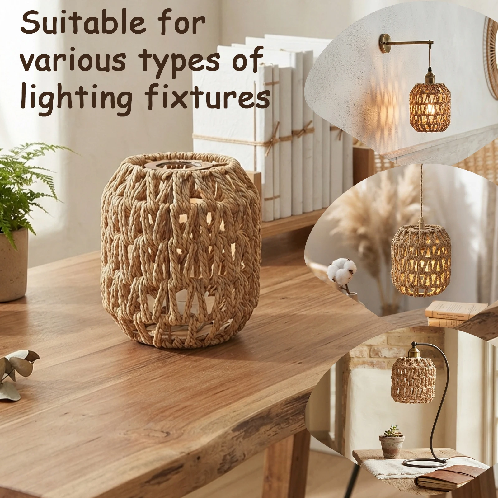 Boho Rattan Lamp Shade, Hand‑Woven Wicker Lampshade Replacement, Cylinder Light Cover for Pendant Light, Farmhouse Home Decor