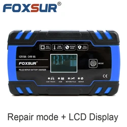 FOXSUR Car Motorcycle Battery Charger 12V 8A 24V 4A Smart Fast Charging for AGM GEL WET EFB Lead Acid Battery Charger