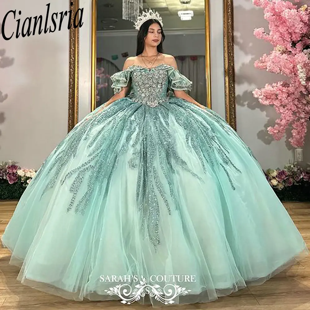 

Мятно-зеленое бальное платье с открытыми плечами, платья Quinceanera, блестящий корсет с кристаллами и бисером, Vestidos De XV Anos