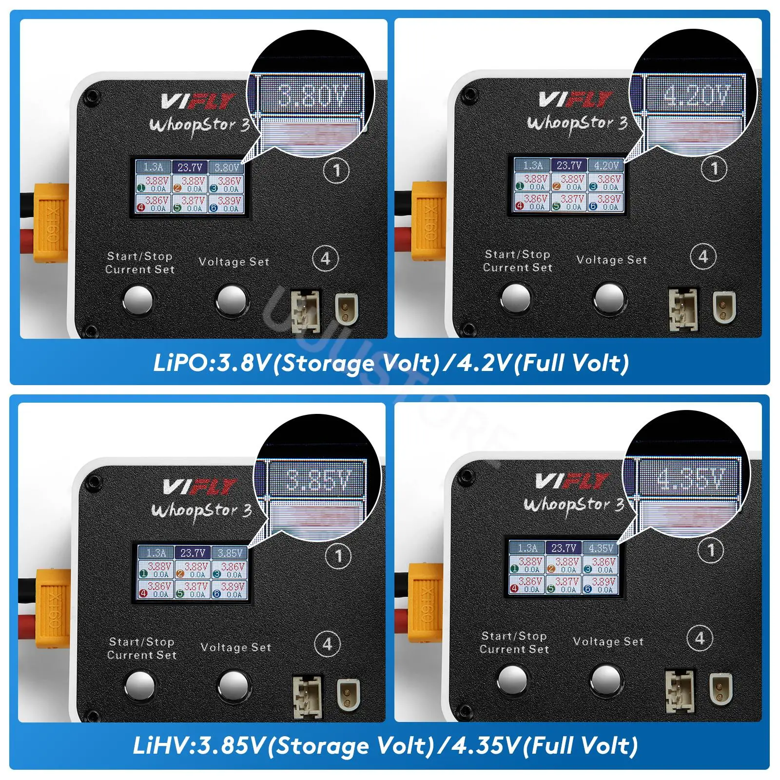 Nuevo VIFLY WhoopStor 3 V3 6 puertos 1S LIPO LiHV cargador de batería descargador almacenamiento LCD TYPE-C DC TX60 para Dron FPV BT2.0 PH2.0