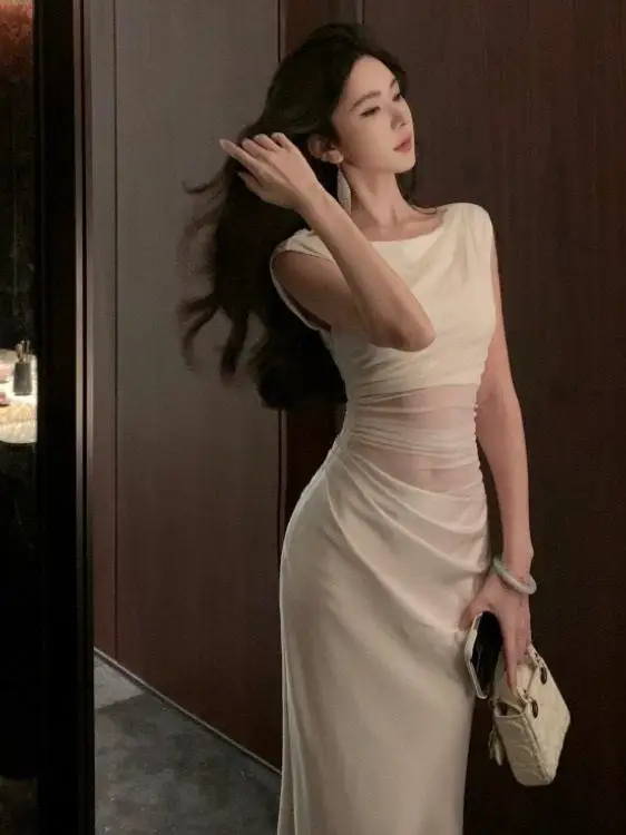 

Summer Design Sense Slimming Mesh Satin Patchwork Dress Women's Holiday Style Long Skirt Waist Cinched Bodycon Dress