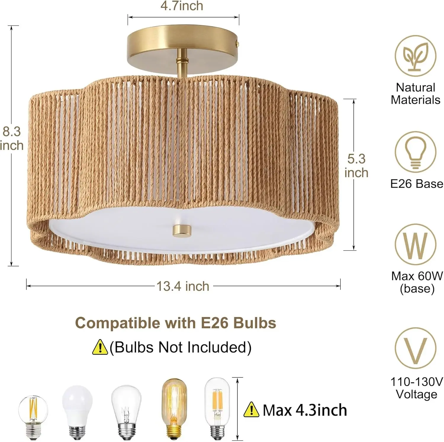 Perlengkapan lampu langit-langit rotan, 3 lampu Boho perlengkapan lampu langit-langit untuk kamar tidur, dekat dengan lampu langit-langit Modern