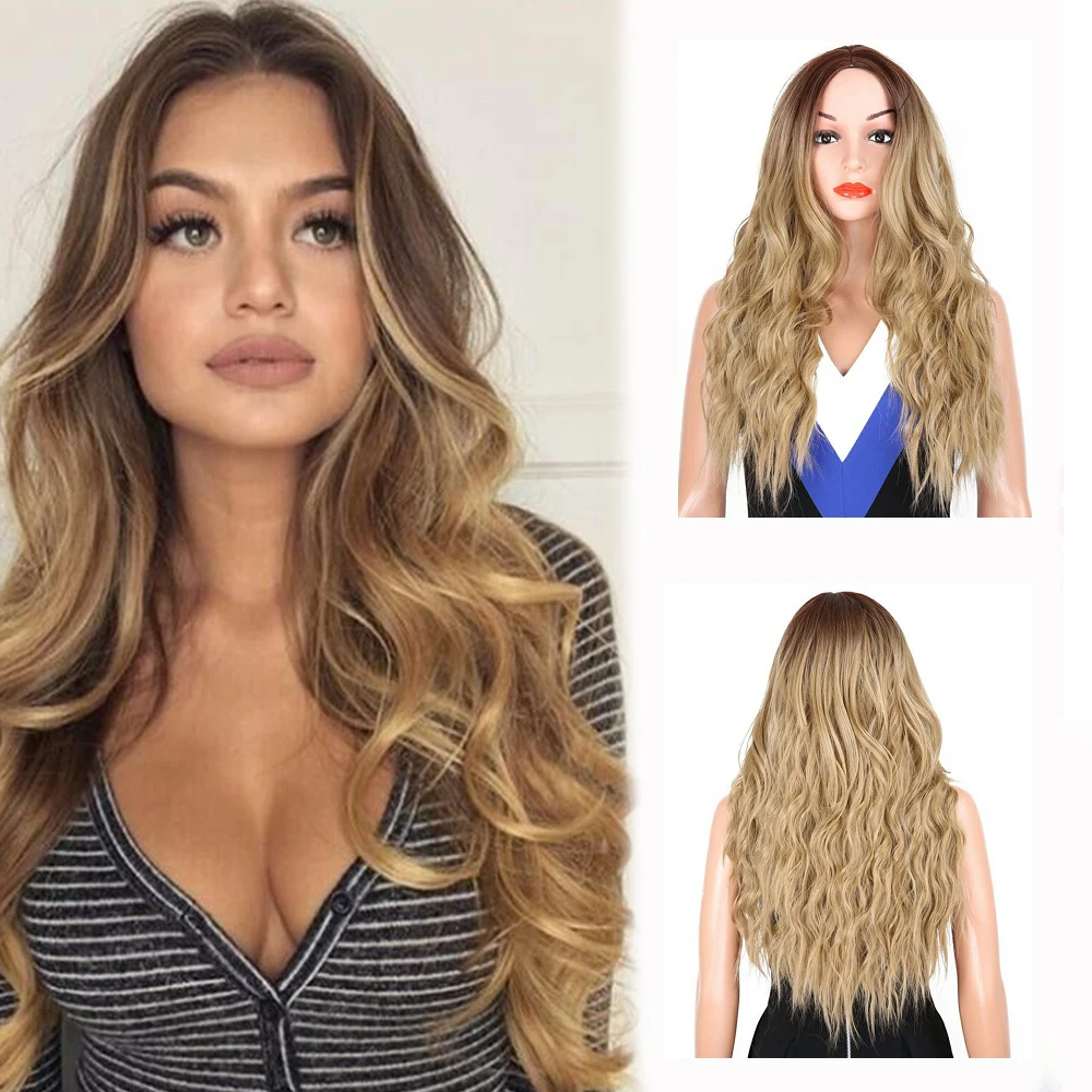 Perucas de fibra sintética de onda média longa, Ombre encaracolado, loiro dourado, cabelo resistente ao calor para mulheres, peruca de uso diário, 28"