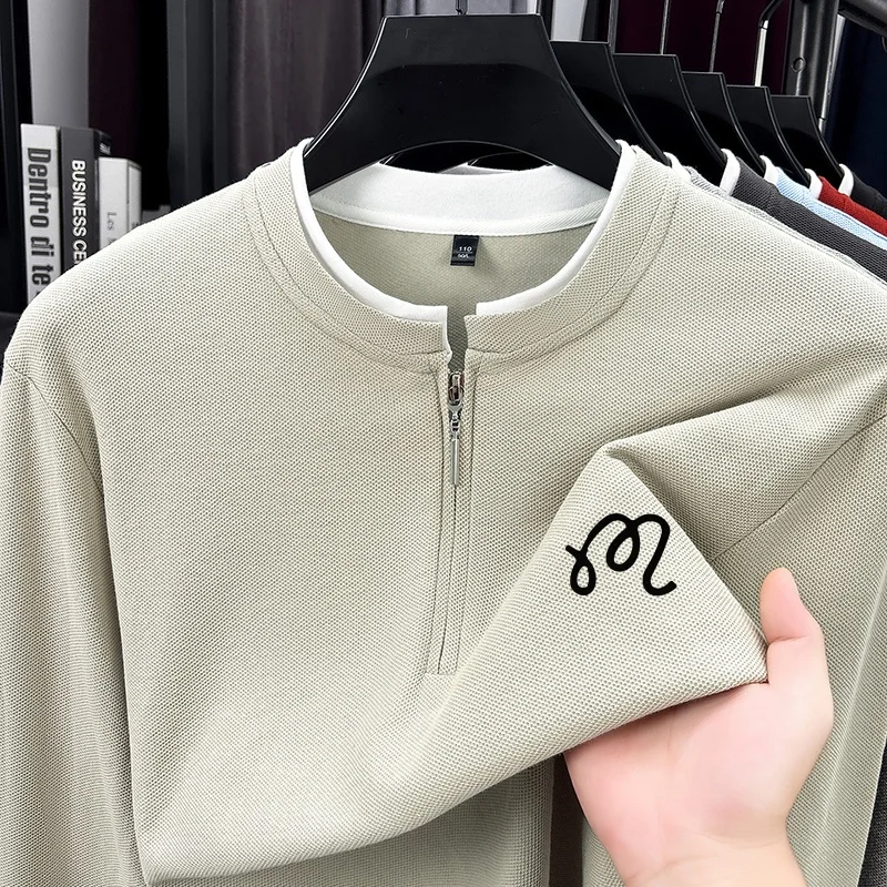 100% Cotton Warm Advanced Design Stand Collar Men Print T-Shirt Fake Two Piece Solid Color Long Sleeve Tops Exquisite Men's Wear