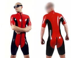 Pure Rubber Latex Black and Red Catsuit Short Slevees Bodysuit Sport Zentai Front Zip S-XXL