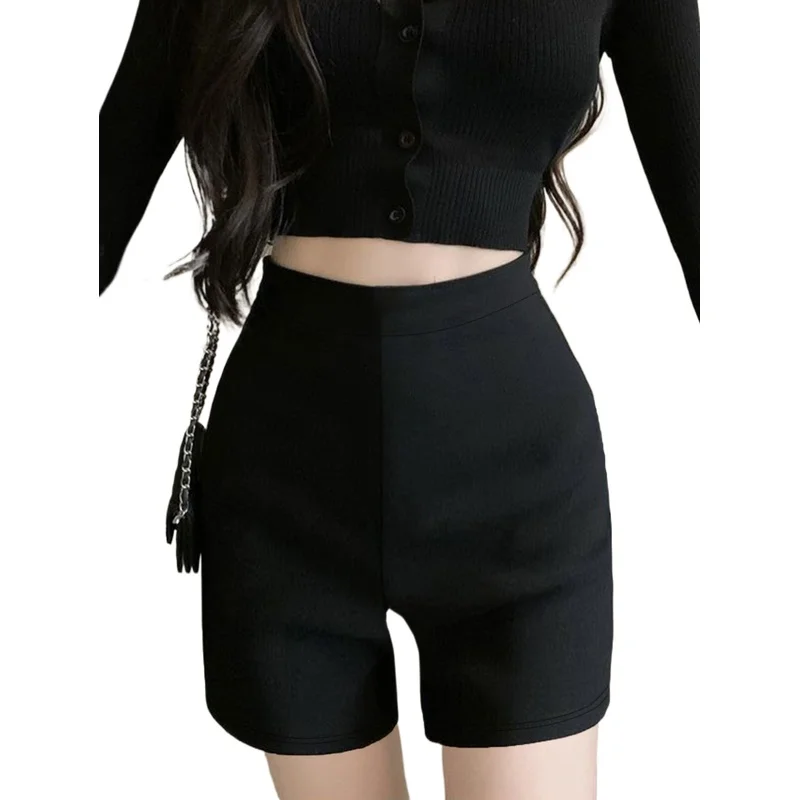   2025 캐주얼 오피스 여성용 반바지 레귤러 핏 솔리드 블랙 엘라스틱 웨이스트 슬리밍 펜슬 팬츠