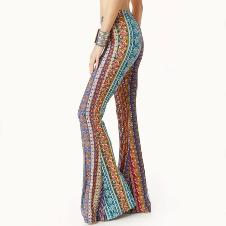 

Printed Flare Pants Women Rose Print Big Bell-Bottom Boho Spring Summer Pantalones De Mujer