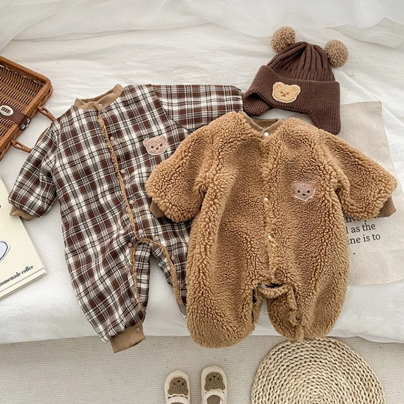 

Baby Boy Clothes Plush Plaid Bear Baby Rompers Autumn Winter Keep Warm Infant Girls Overall Jumpsuit Reversible Newborn Romper