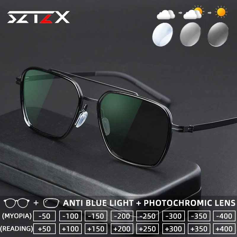 

SZTZX Fashion Screwless Titanium Photochromic Reading Glasses Anti Blue Light Myopia Glasses Progressive Prescription Eyewear