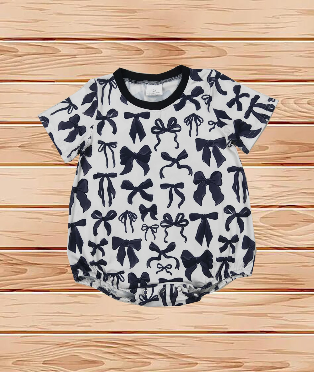 

3.29 Wholesale western boutique onesies Newborn toddler Baby Infant Girls Black Bows Short Sleeve Rompers