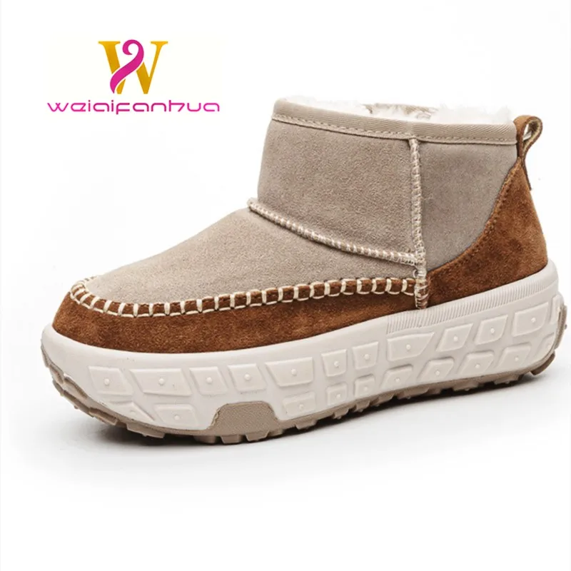 Snow Boots Women's Winter 2024 New Leather Women's Ankle Boots Heightened Flat Fashionable Padded Thermal Boots Women's