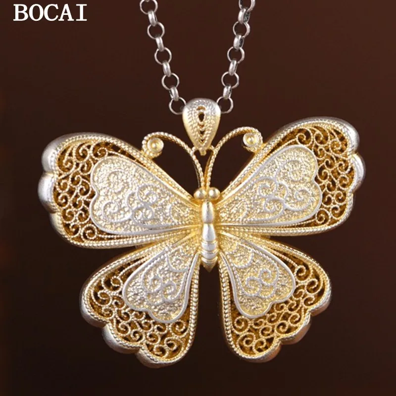 BOCAI S999 Sterling Silver Gold Stroke Light Luxury Elegance Butterfly Pendant Women's Gift