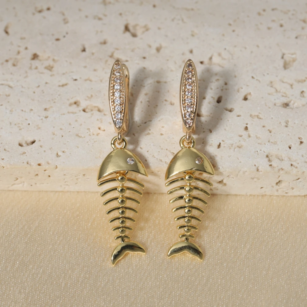 1 Pair Unique Fish Bones Dangle Earrings for Women Fashion Zirconia Earring Jewelry Wedding Party Accessories