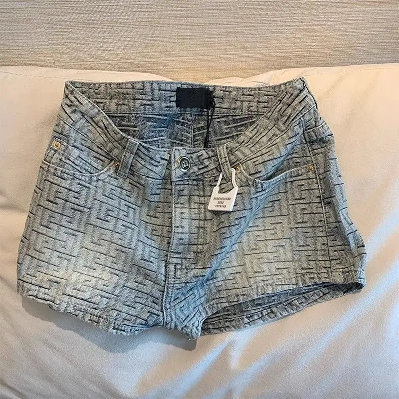 

Летние сексуальные винтажные джинсы Femme с высокой талией, новые тонкие шорты с геометрическим рисунком, женская одежда, универсальные свободные брюки на пуговицах