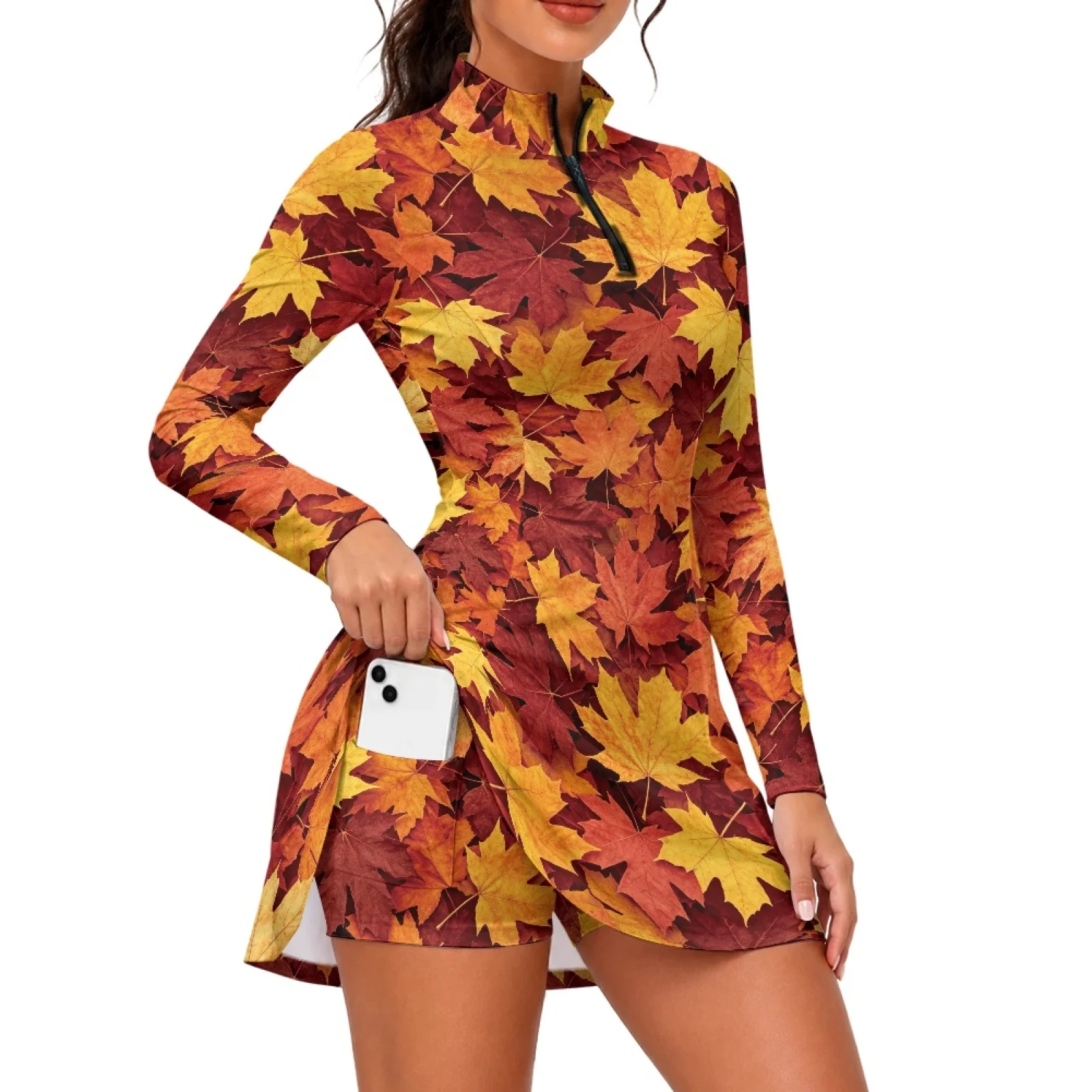 PENSTROLL Maple Leaf 2 Piece Sets Long Sleeve Golf Dress with Built in Shorts Quick Dry Stretch Fabric Womens Golf Dress