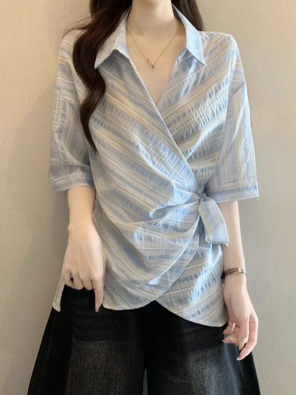 

Light Blue Striped V-Neck Short Sleeve Shirt Women's Summer New Style plus Size Belted Waist Tie Unusual Top Korean Style