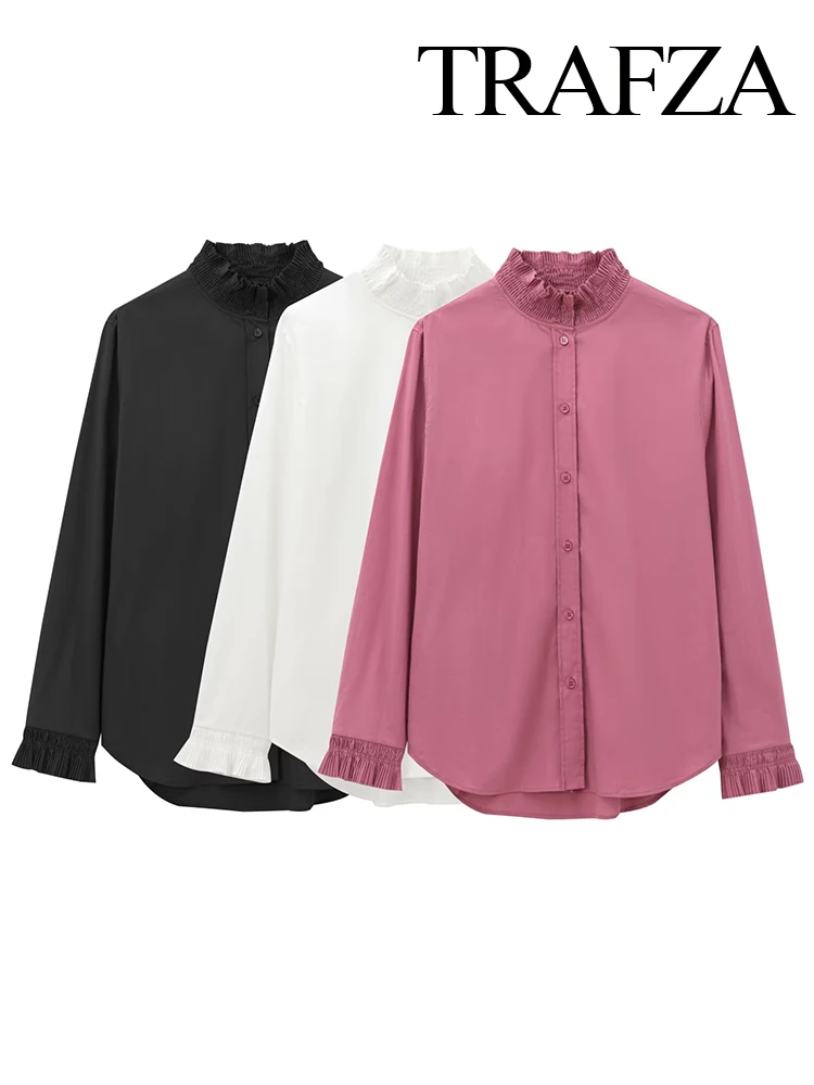 TRAFZA Women's Fashion Versatile Pleated Layered Decorative Long-Sleeved Shirt Female Elegant Stand Collar Single-Breasted Shirt