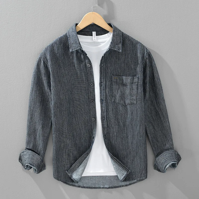 

Men's Long Sve Linen Cotton Blend irt Casual Loose Fit Turn-down Collar Commute Ready Spring Autumn Stripe Pattern