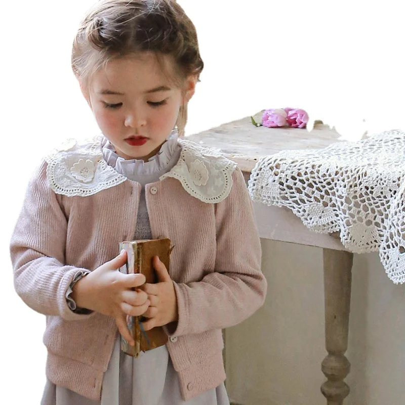 

New Spring Autumn Baby Girls Cardigan Girls Flower Lace Embroidered Collar Knitting Coats Cotton Yarn Knitted Coat 1-12Y CC102