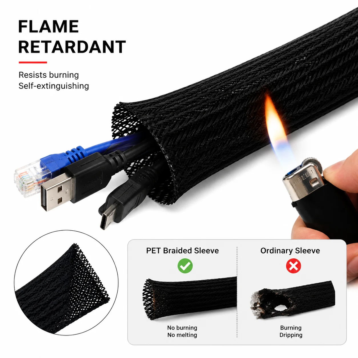 ID 2-35mm Black Flame Retardant PET Braided Sleeve Flame Retardant Protection Car Wiring Braided Storage Network Management