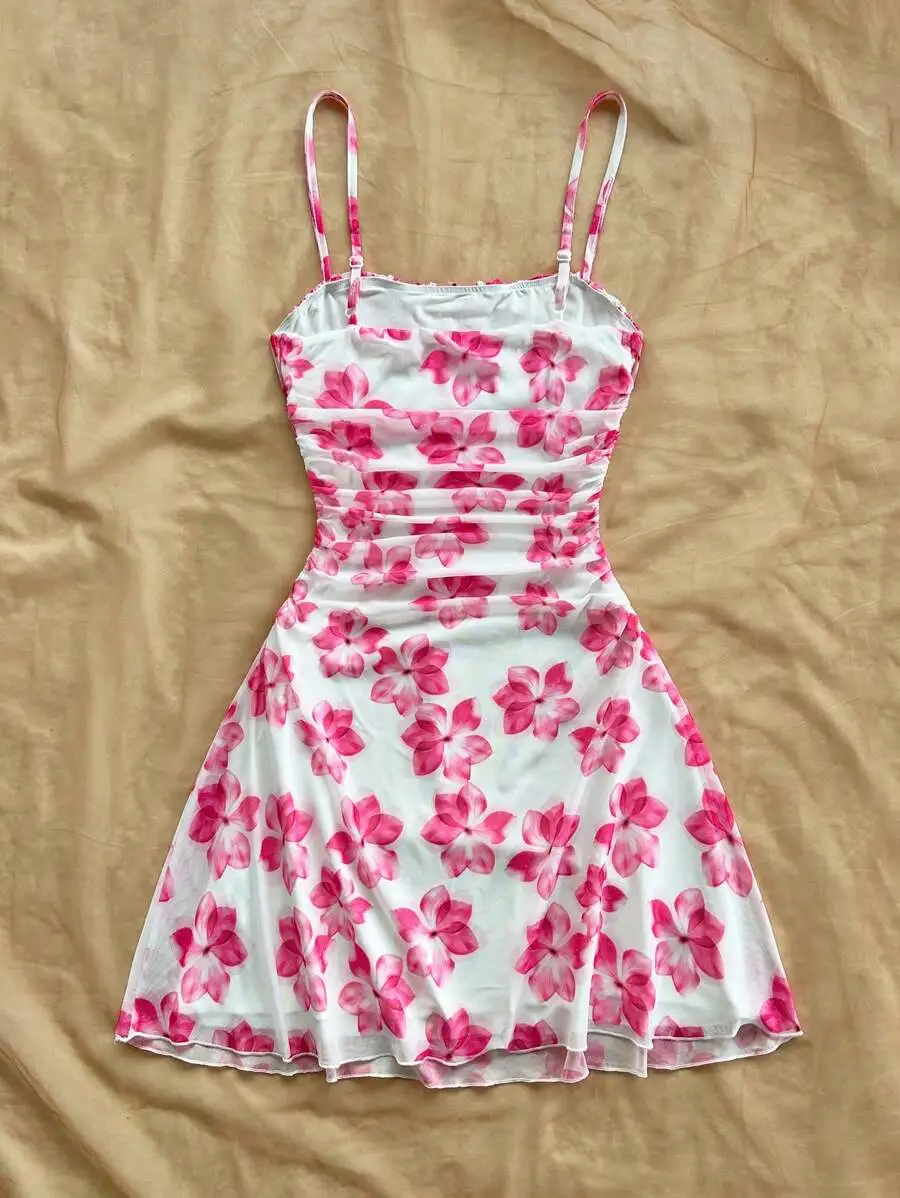 

Pink Floral Print Ruched A-Line Cami Dress Sleeveless Summer Vacation Casual