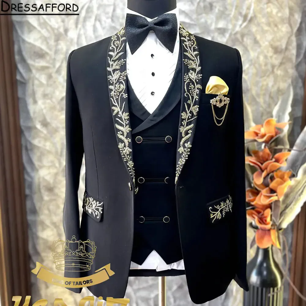 Black Formal Men Suits 2 Piece Floral Appliques Fashion Business Casual Wear Party Wedding Groom Tuxedo Jacket And Pants