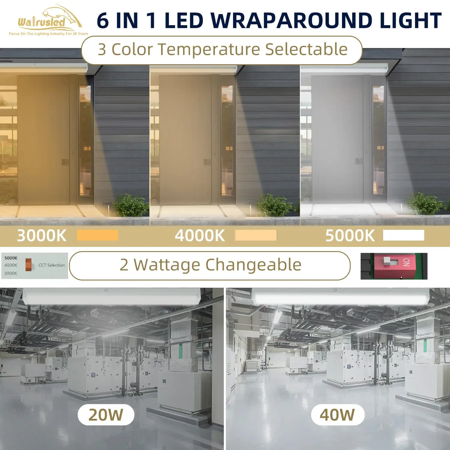 4 Foot Tri-Level Motion Sensor LED Wraparound Stairwell Light w/Remote 40W 5000lm 3/4/5000K, Dimmable LED Wrap Shop Light FCC