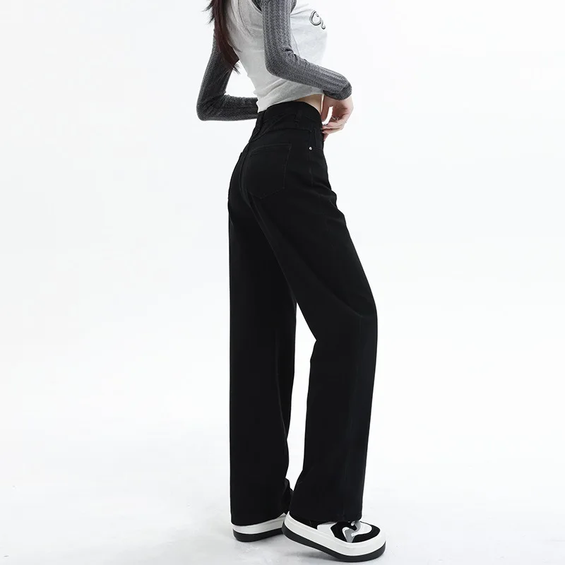 High Waist Wide Leg Jeans Black Slim Fit Extended Length Classic Drapey Floor Length Nine Point Long Pants Street Style Trendy
