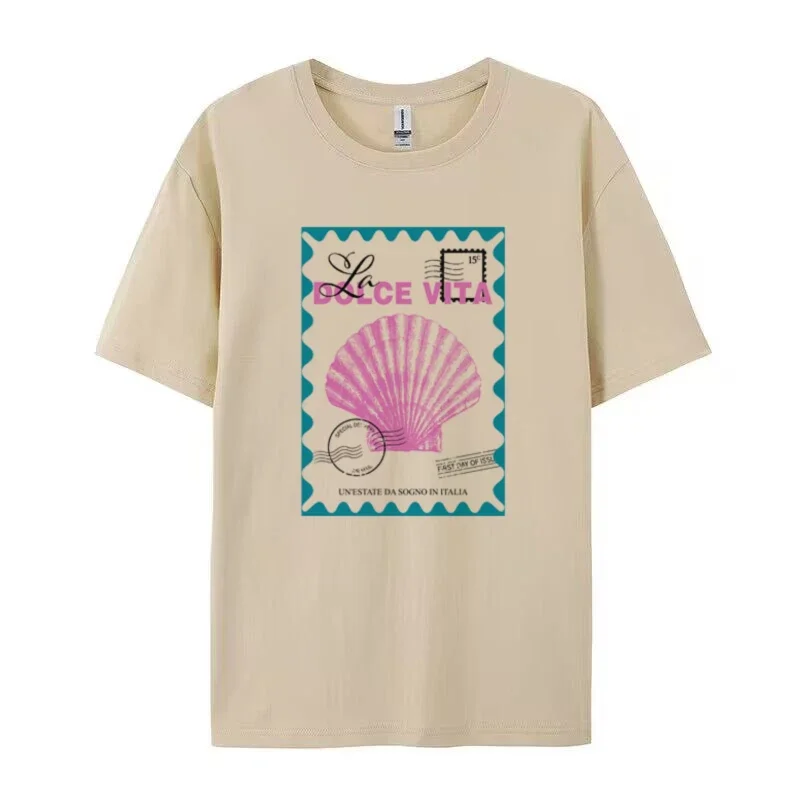 Plus Größe Frauen Italien Küsten T-shirts Vintage Shell Stempel T-Shirts Kurzarm Nette Ästhetische Baumwolle Grafik Top Weibliche Kleidung