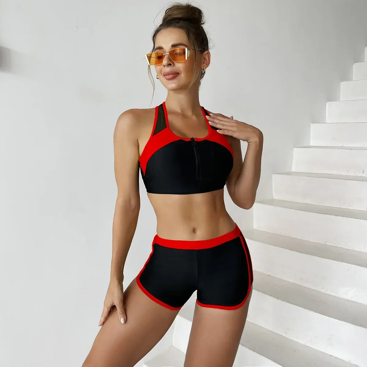 Estilo esportivo biquíni feminino shorts maiô retalhos roupa de banho cintura alta com zíper surf terno tankini rash guard almofada
