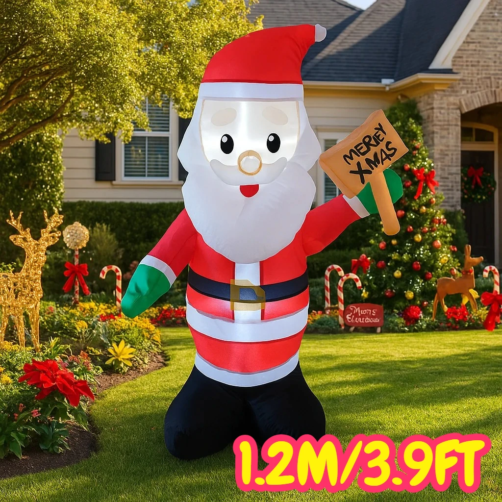1.2M/3.9FT Inflatable Santa Claus Holding Sign Lights LED Home Decorations Toys Yard Xmas Decor Outdoor Inflatable Decorations