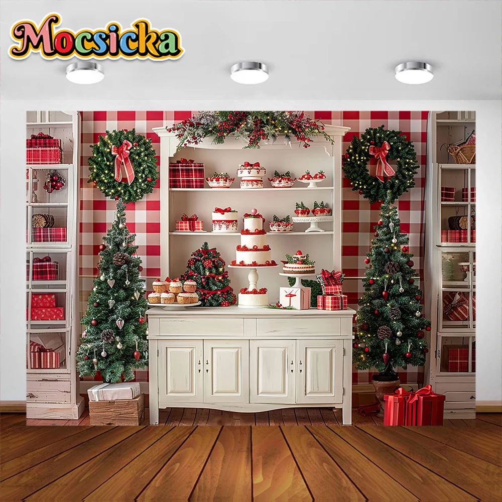 Christmas Photography Background Kitchen Cabinet Garland Xmas Tree Decoration Backdrops Family portrait Photo Studio Props