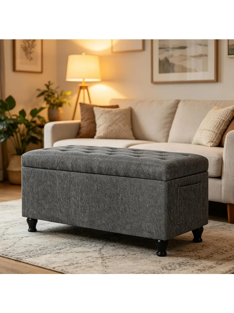Linen Storage Ottoman Bench with Side Pockets, Rectangle Foot Stool for Bedroom Living Room, 32 Inch, Customized