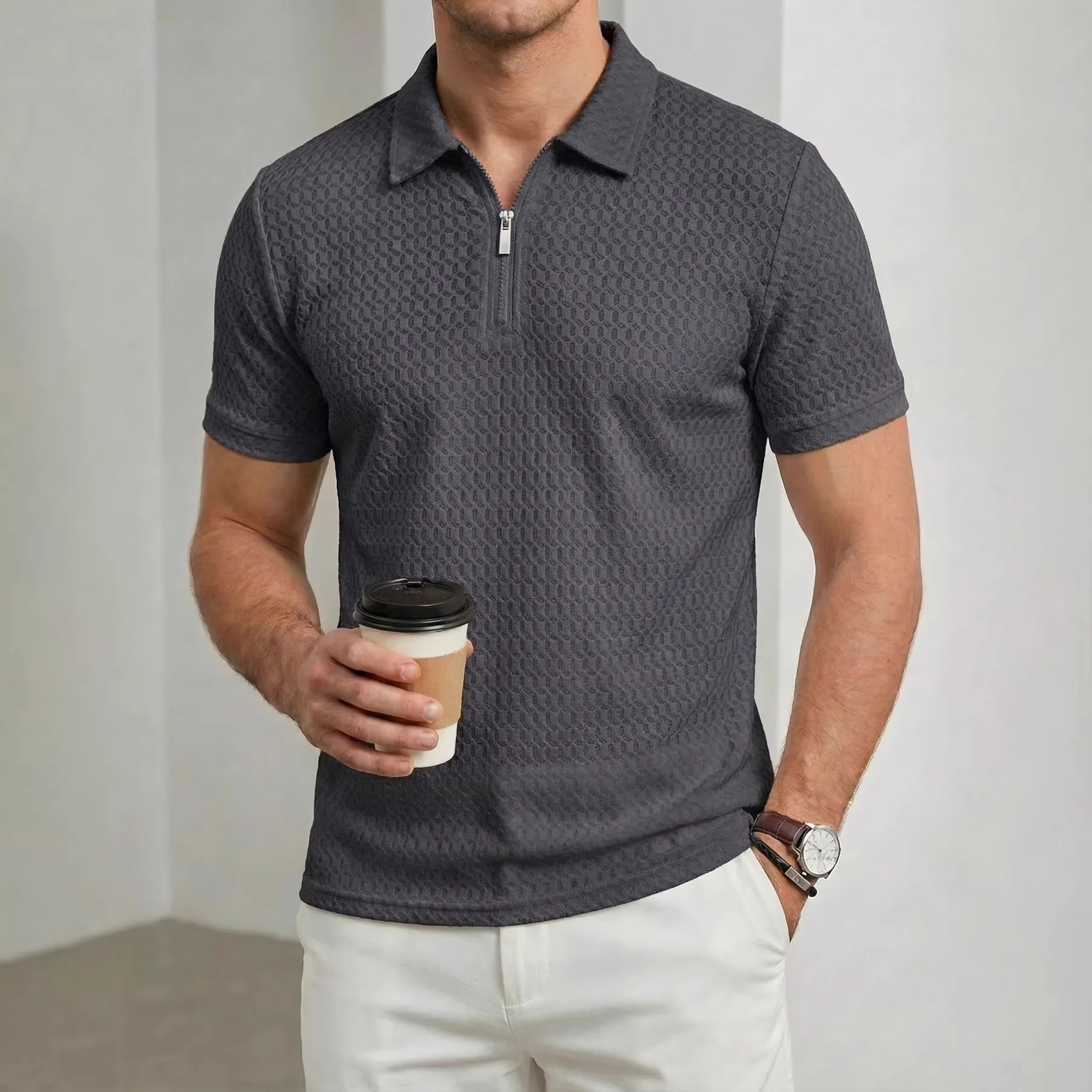 High-end Nylon Stretch Men's Lapel Zipper Short-sleeved Checkered Jacquard Casual Sports Golf Polo Shirt