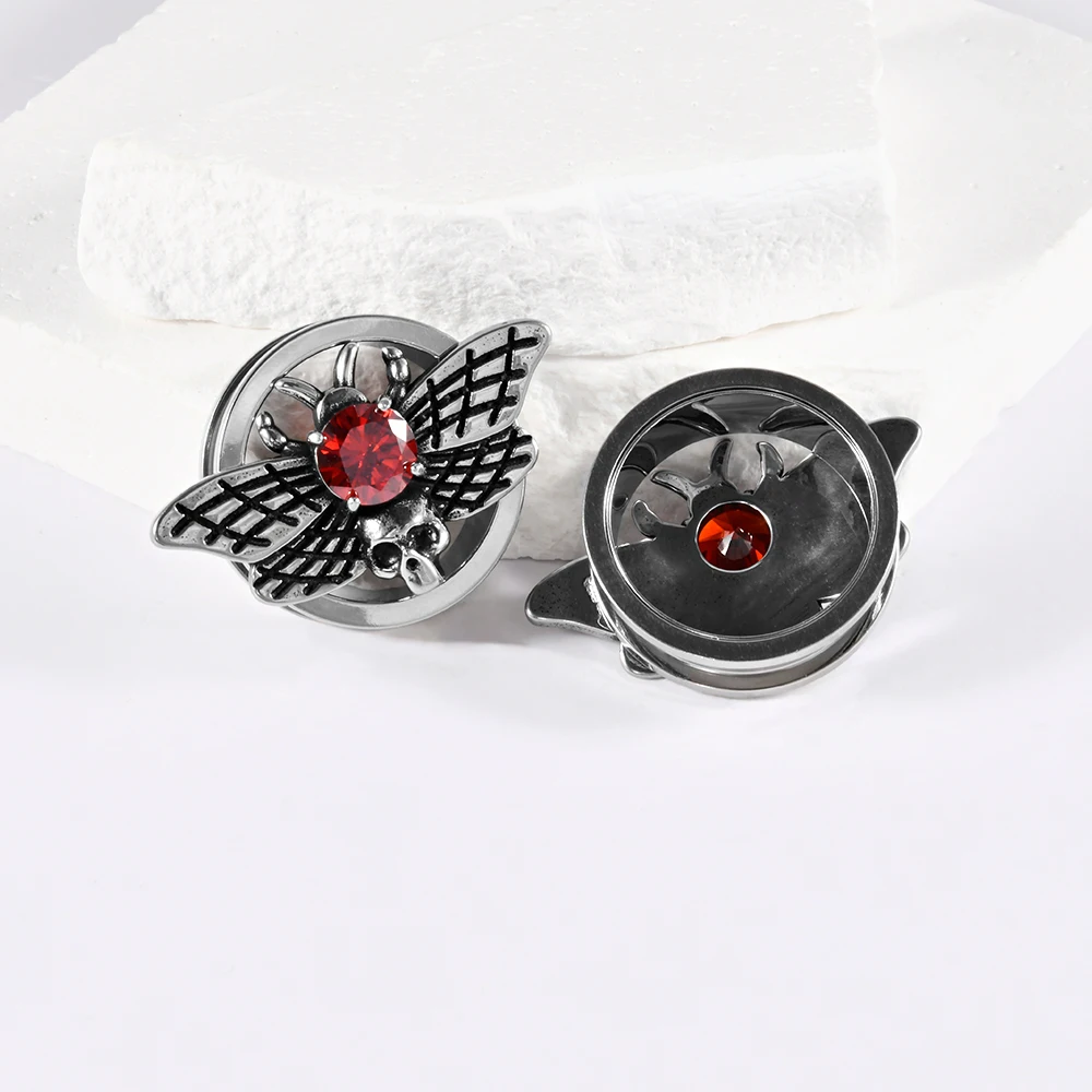2/1PCS Red Zircon Skeleton Butterfly Stainless Steel Pulley Ear Plugs Tunnel Gauge Stretching Expander 8-25MM Body Piercing