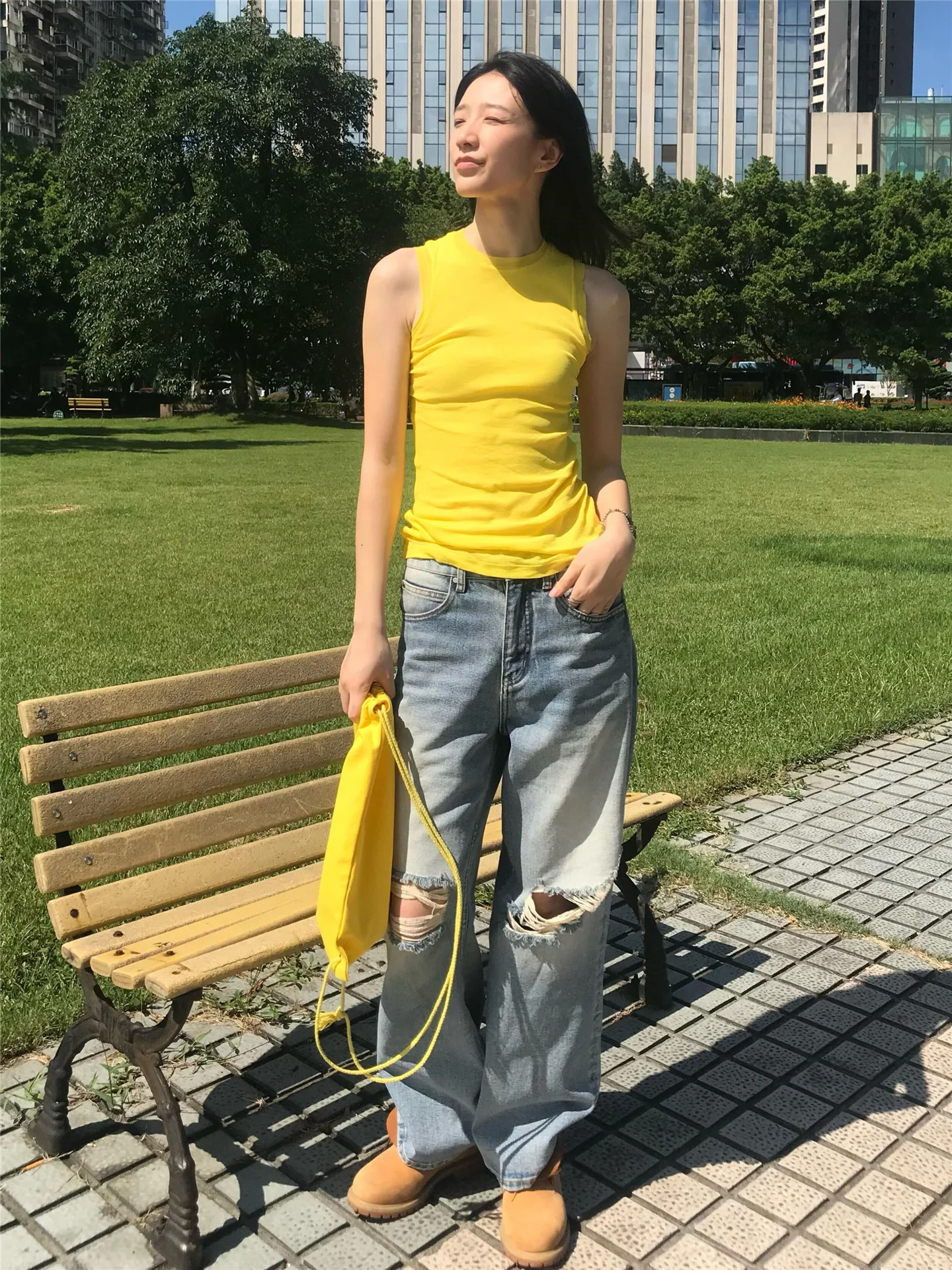 

Retro American Hole Denim Jeans Women's High Waist Slim Long Design Knee Wear Tear Wide Leg Pants Casual Style Cotton Material